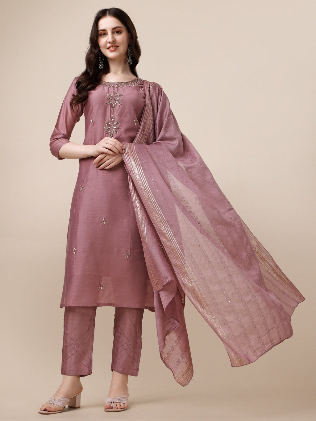 Hand embroidered multicolor kurta set with pants and dupatta