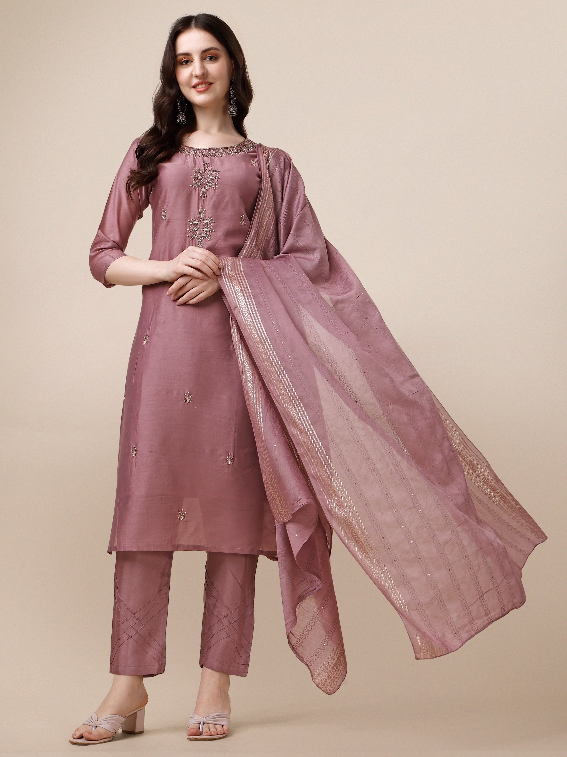 Hand embroidered multicolor kurta set with pants and dupatta
