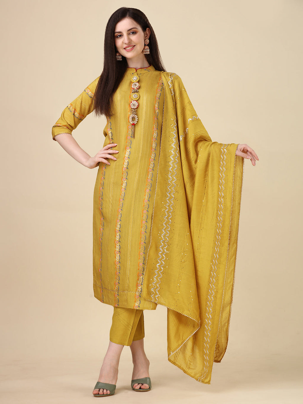 Embellished buttoned kurta set with matching trousers and dupatta in multicolor