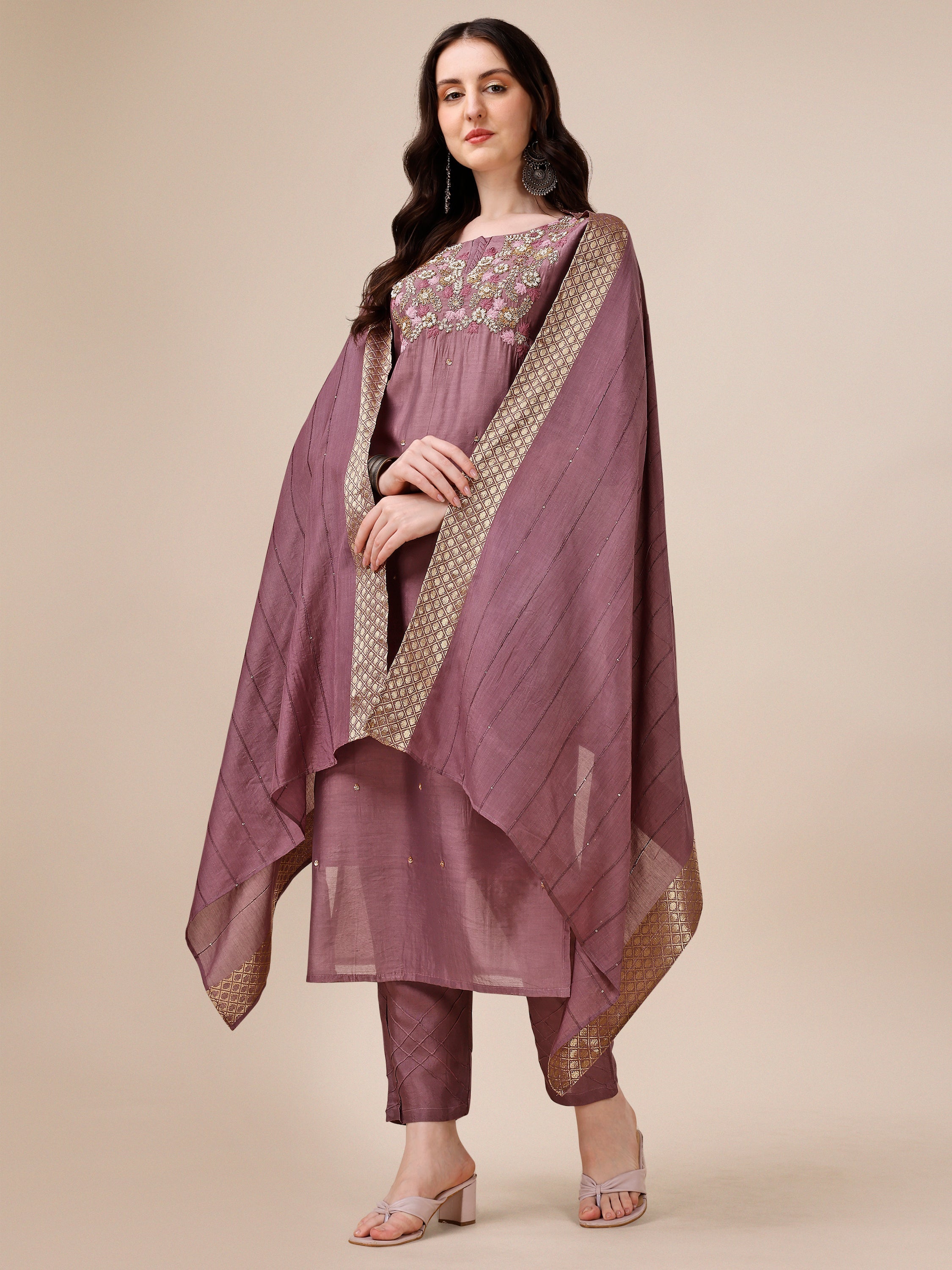 Hand Embroidered Multicolor Kurta Set with Pant and Dupatta