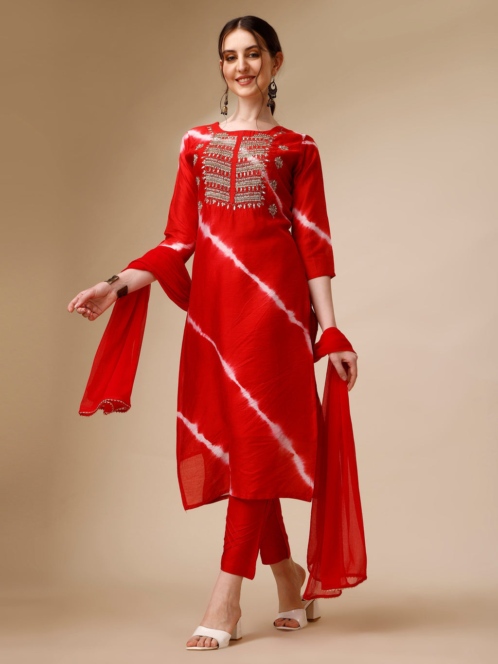 Lehariya printed rayon kurta with embroidery and matching set