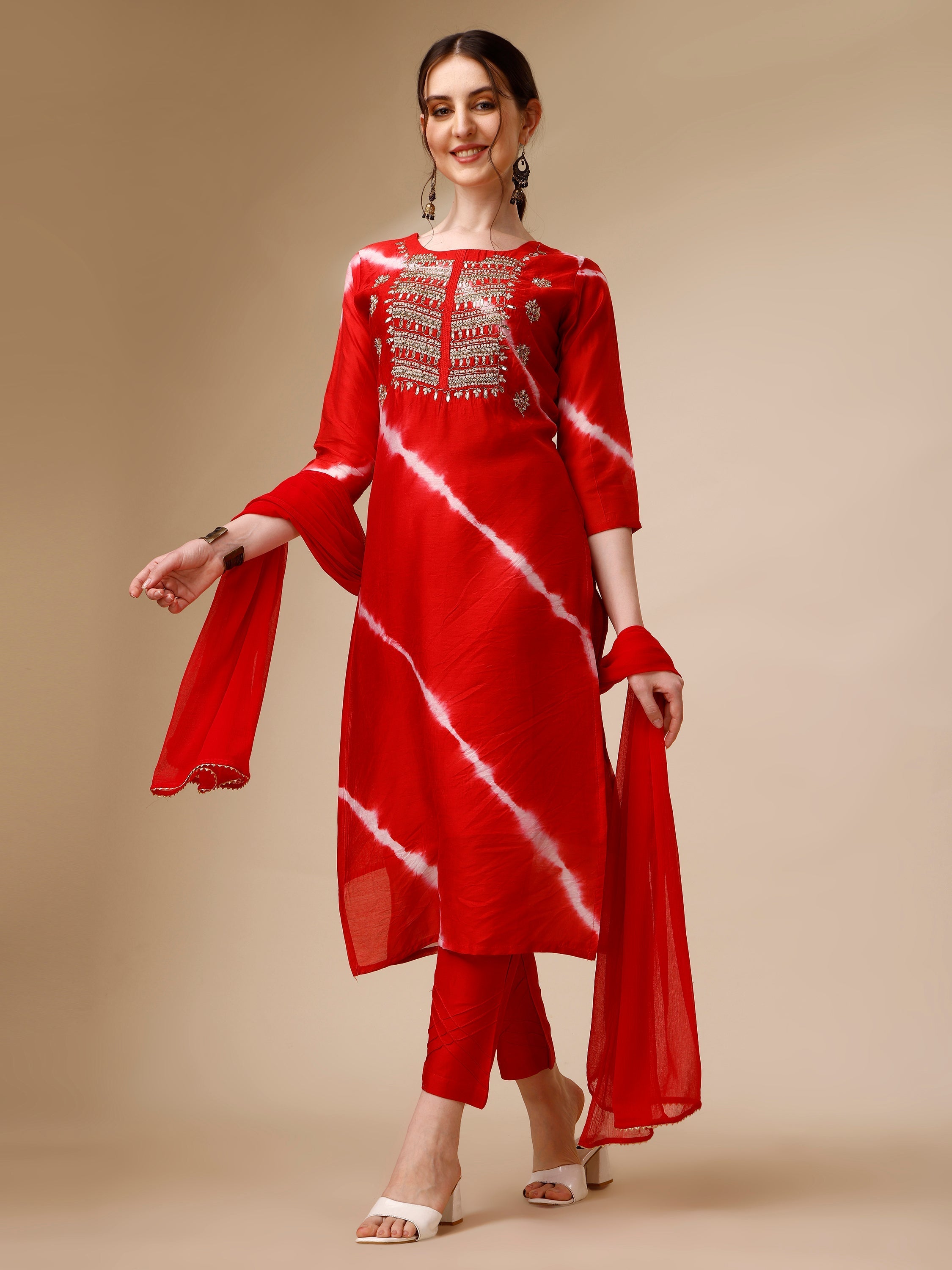 Lehariya printed rayon kurta with embroidery and matching set