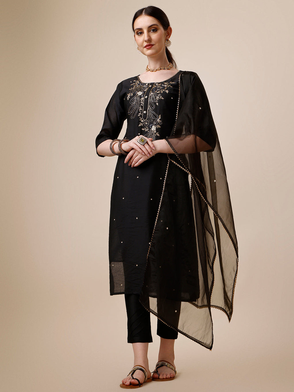 Embroidered Kurta With Pant And Dupatta Set, Multicolor - Hiral Fashion
