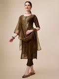 Multicolor embroidered green kurta set with pants and matching dupatta in soft rayon fabric
