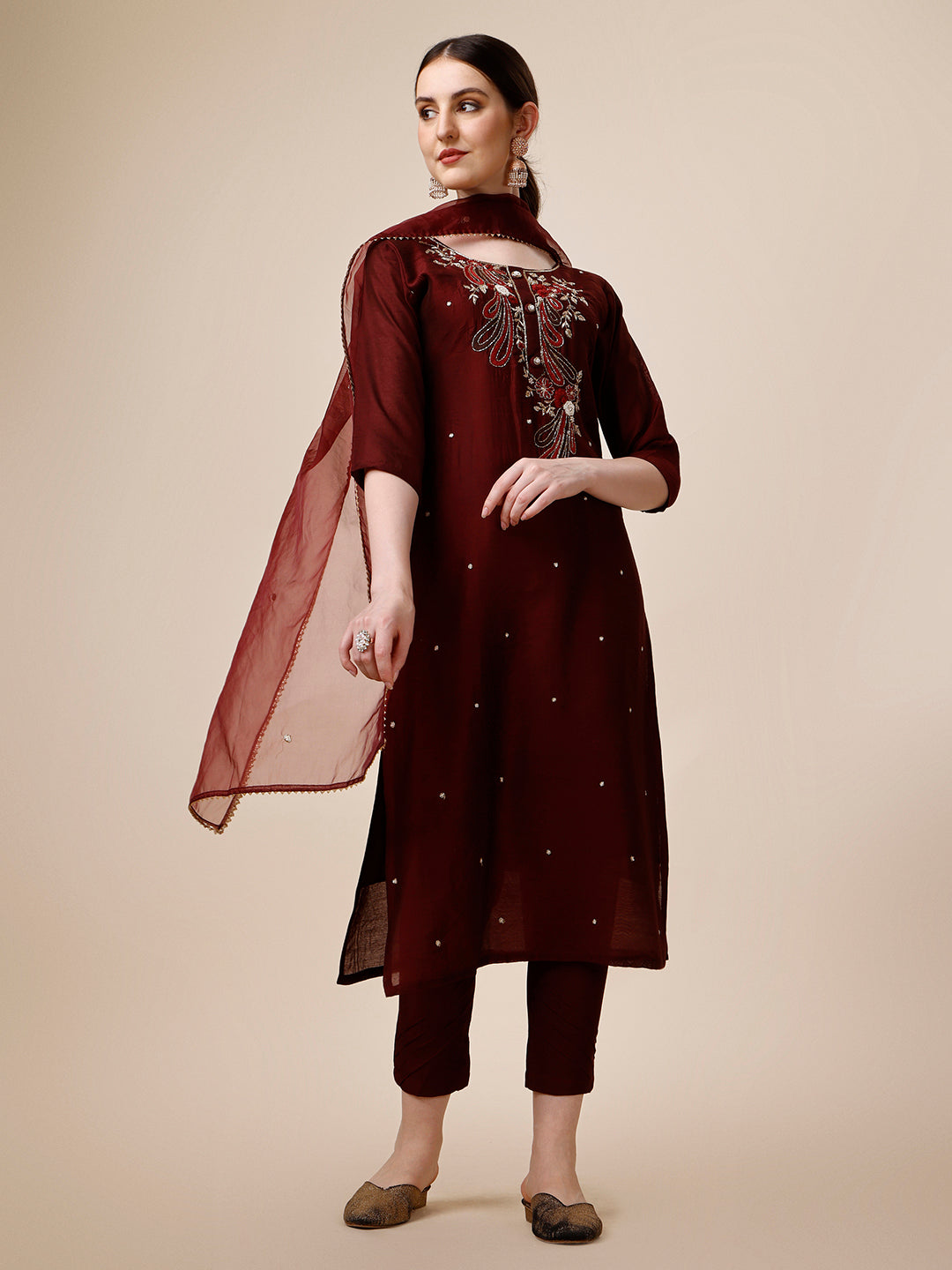 Embroidered Maroon Kurta With Pant And Dupatta Set, Multicolor - Hiral Fashion