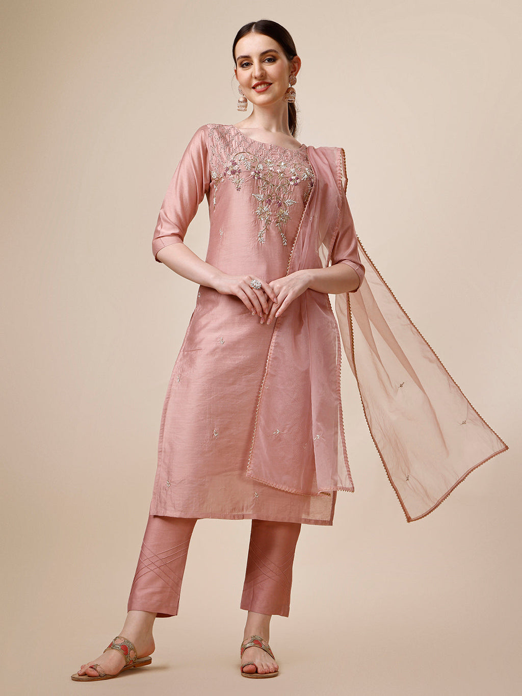 Hand Embroidered Kurta With Pant & Dupatta Set, Multicolor - Hiral Fashion