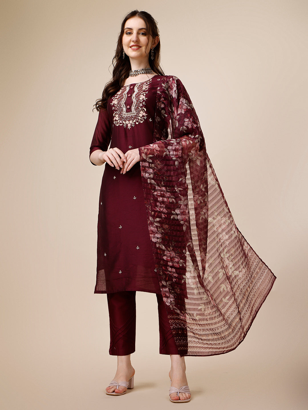Embroidered Kurta With Pant And Dupatta Set, Multicolor - Hiral Fashion