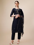 Hand embroidered lavender kurta set with multicolor patterns, including pant and dupatta.