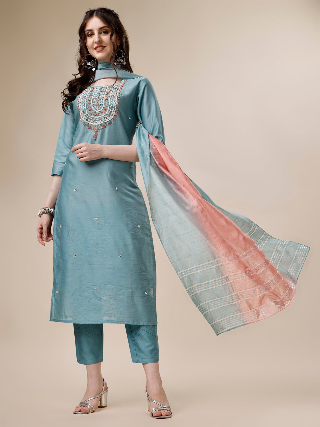 Embroidered Kurta With Pant And Dupatta Set, Multicolor - Hiral Fashion