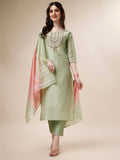 A woman wearing a multicolor embroidered rayon kurta set with matching pants and a dupatta.