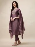 Model wearing a multicolor embroidered lavender kurta with matching pants and a dupatta.