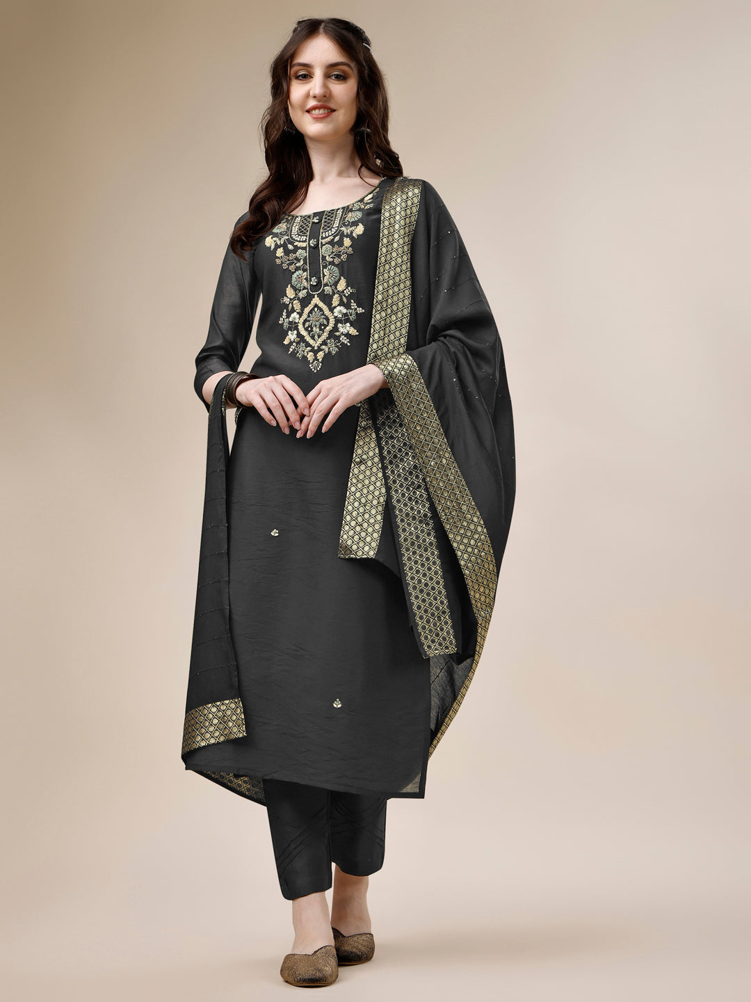 Embroidered Kurta With Pant And Dupatta Set, Multicolor - Hiral Fashion