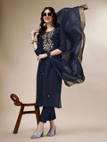 Model wearing a multicolor embroidered rayon kurta paired with matching pants and a dupatta
