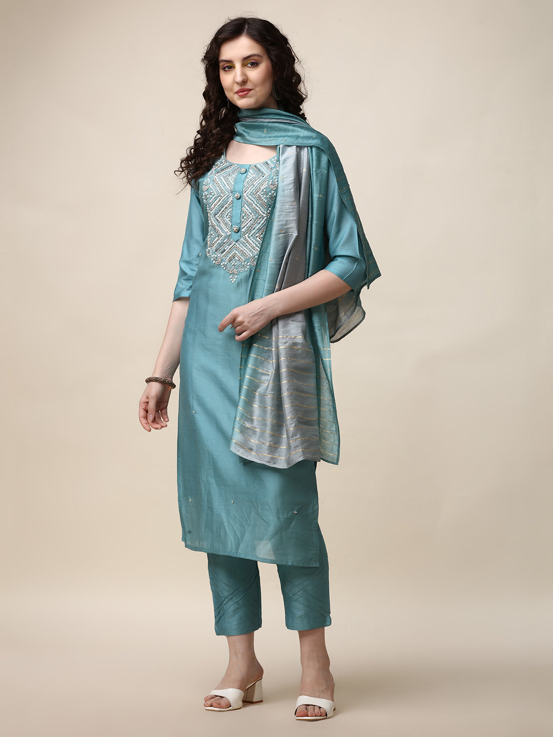 Multicolor hand embroidered kurta set with pant and matching dupatta