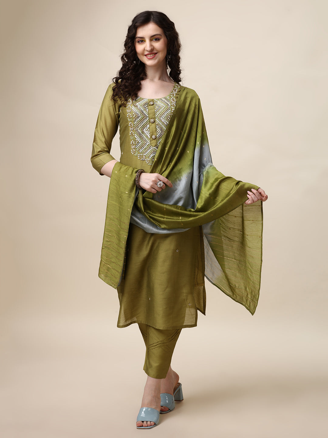 Multicolor Hand Embroidered Kurta with Pant and Dupatta Set