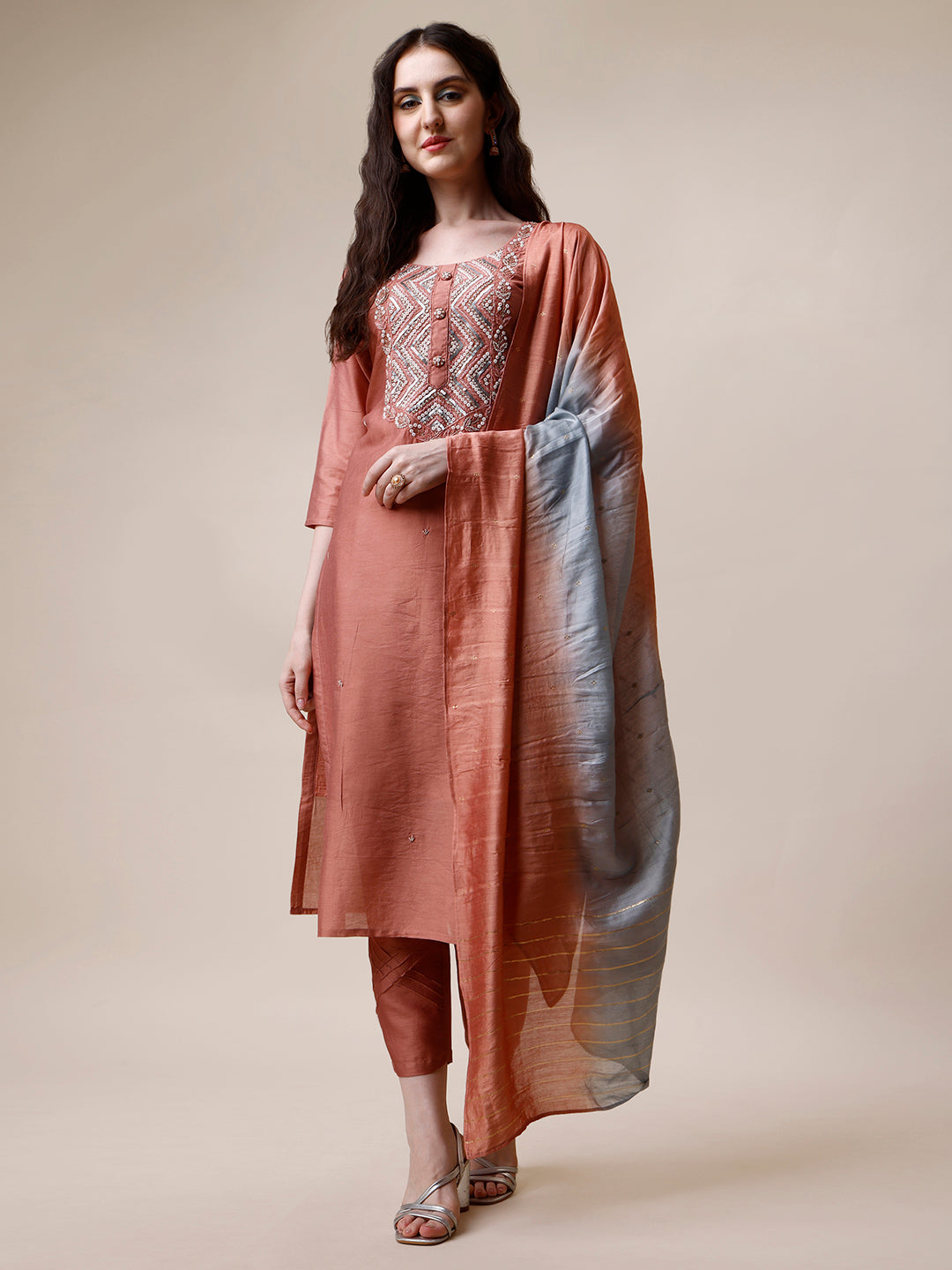 Multicolor hand-embroidered rayon kurta with matching pant and dupatta set