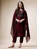 Multicolor embroidered rayon kurta set featuring 3/4th sleeves and dupatta
