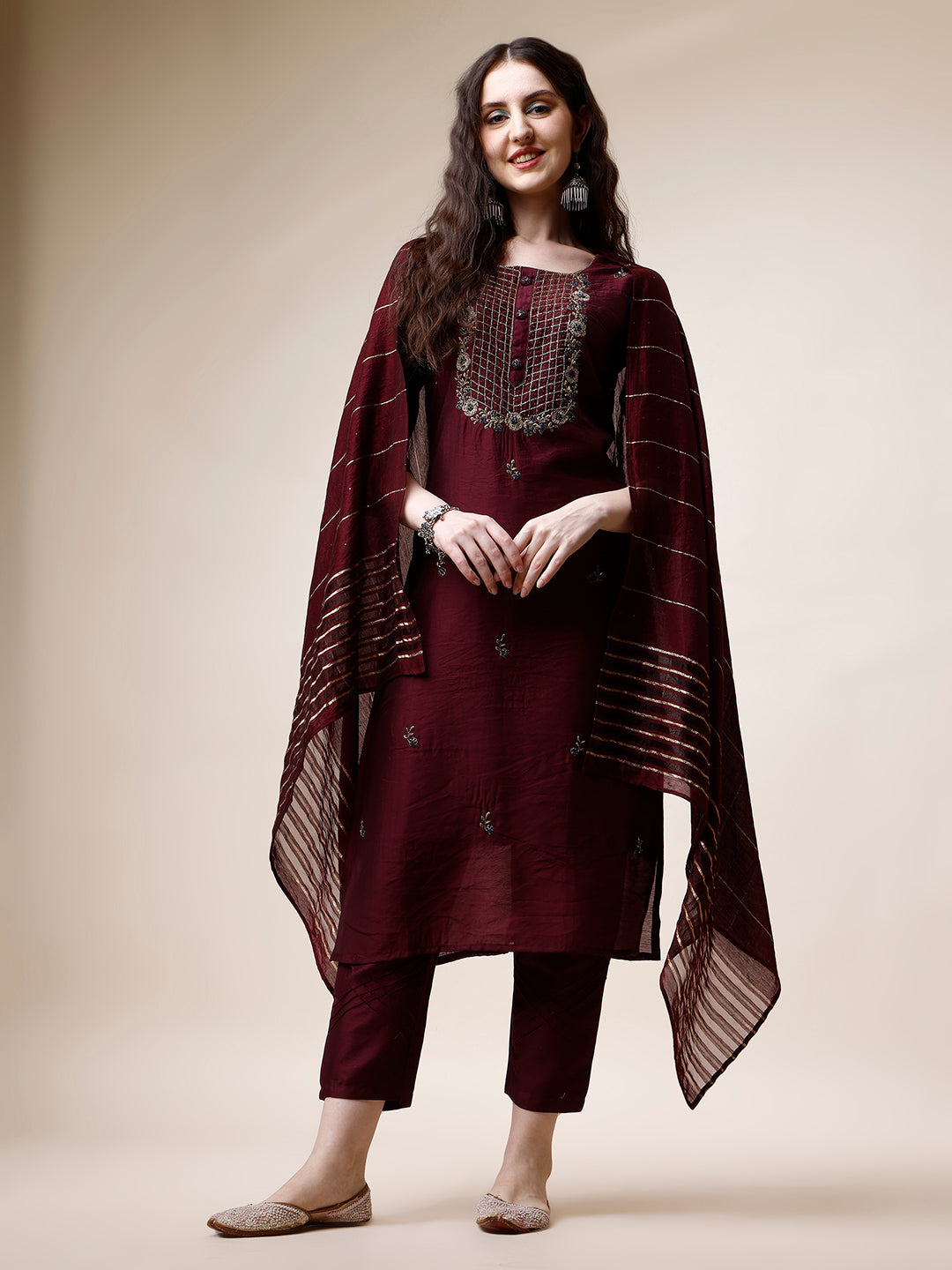Multicolor embroidered rayon kurta set featuring 3/4th sleeves and dupatta