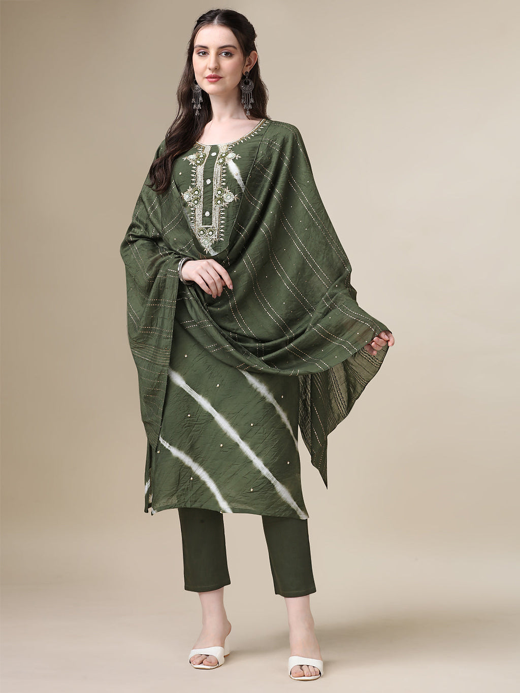 Multicolor Leheriya Printed Kurta with Pant and Dupatta Set