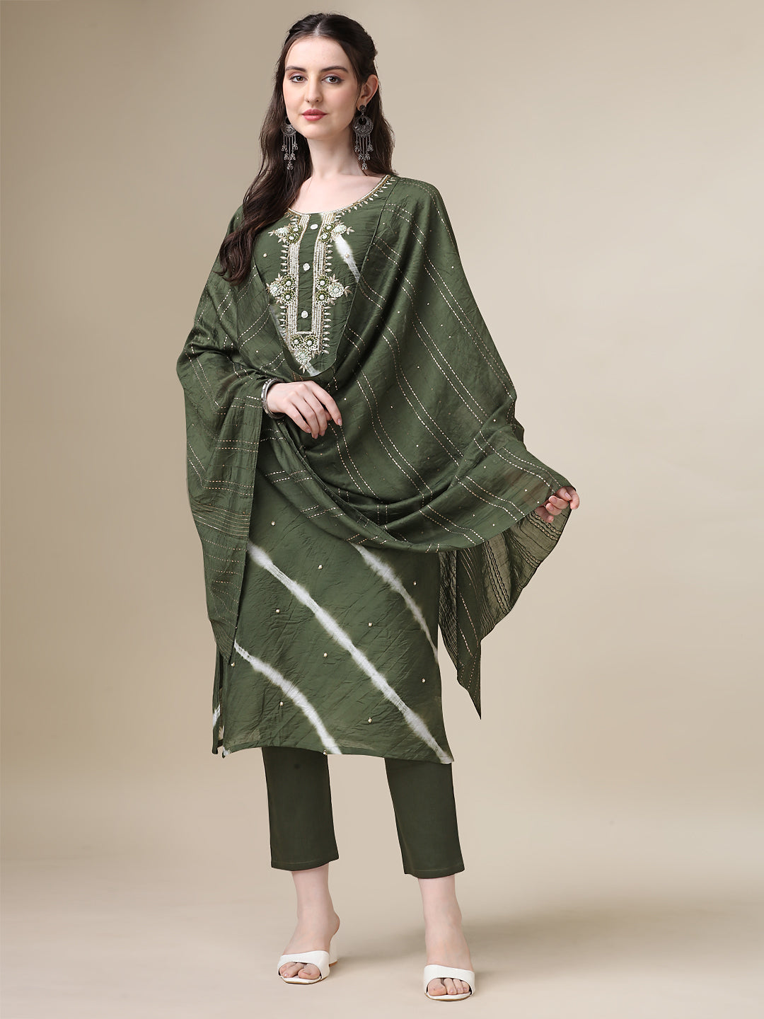 Multicolor Leheriya Printed Kurta with Pant and Dupatta Set