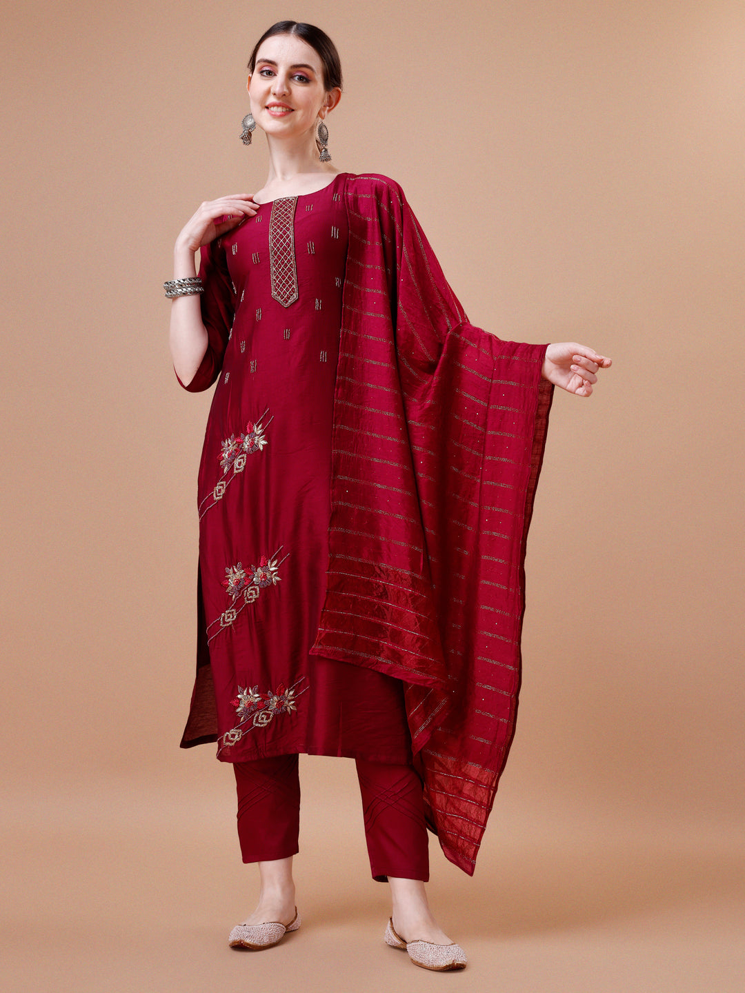 Placement Hand Embroidered Kurta With Pant & Dupatta Set, Multicolor - Hiral Fashion