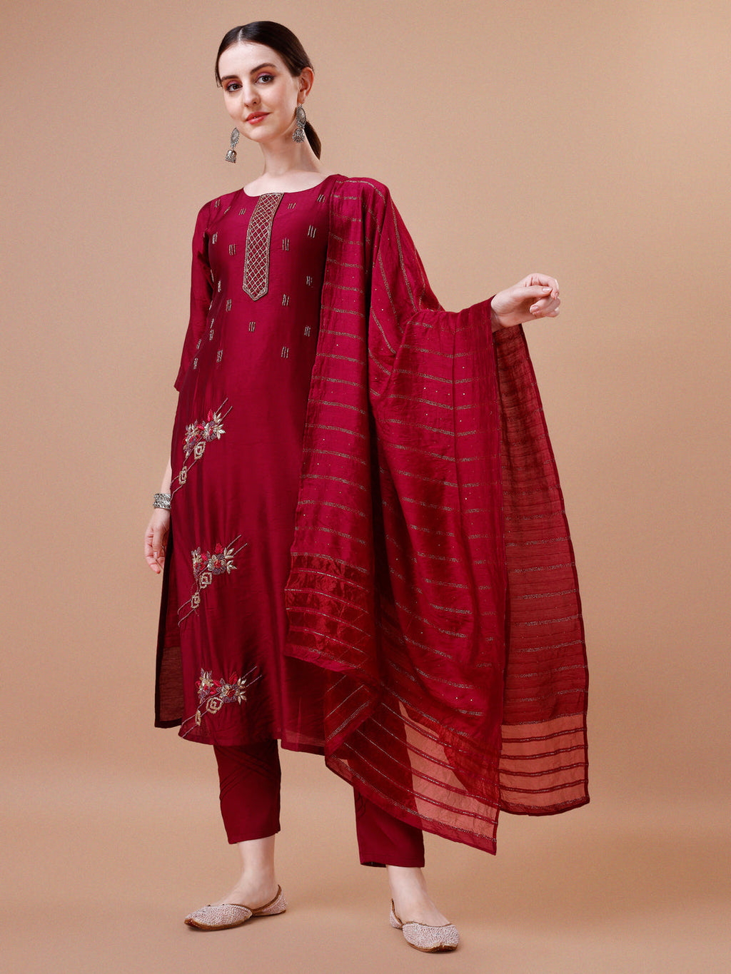 Placement Hand Embroidered Kurta With Pant & Dupatta Set, Multicolor - Hiral Fashion