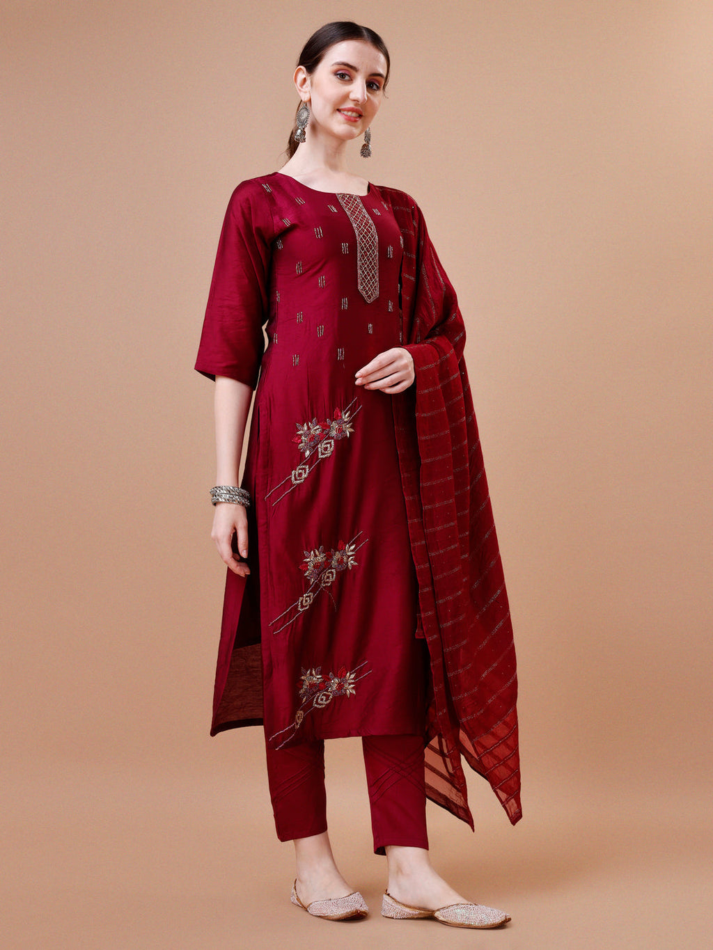 Placement Hand Embroidered Kurta With Pant & Dupatta Set, Multicolor - Hiral Fashion