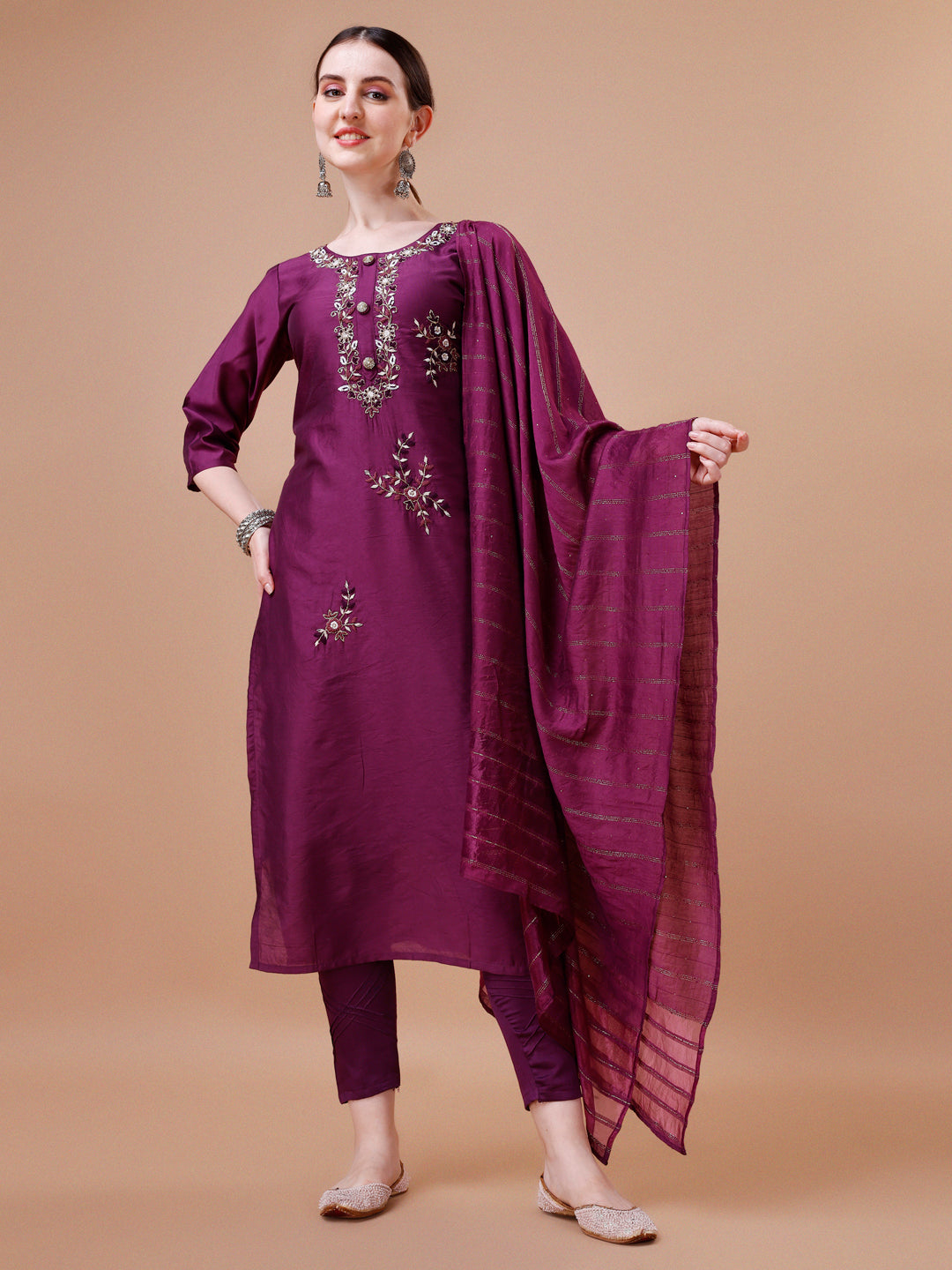 Multicolor Placement Hand Embroidered Kurta Set with Dupatta