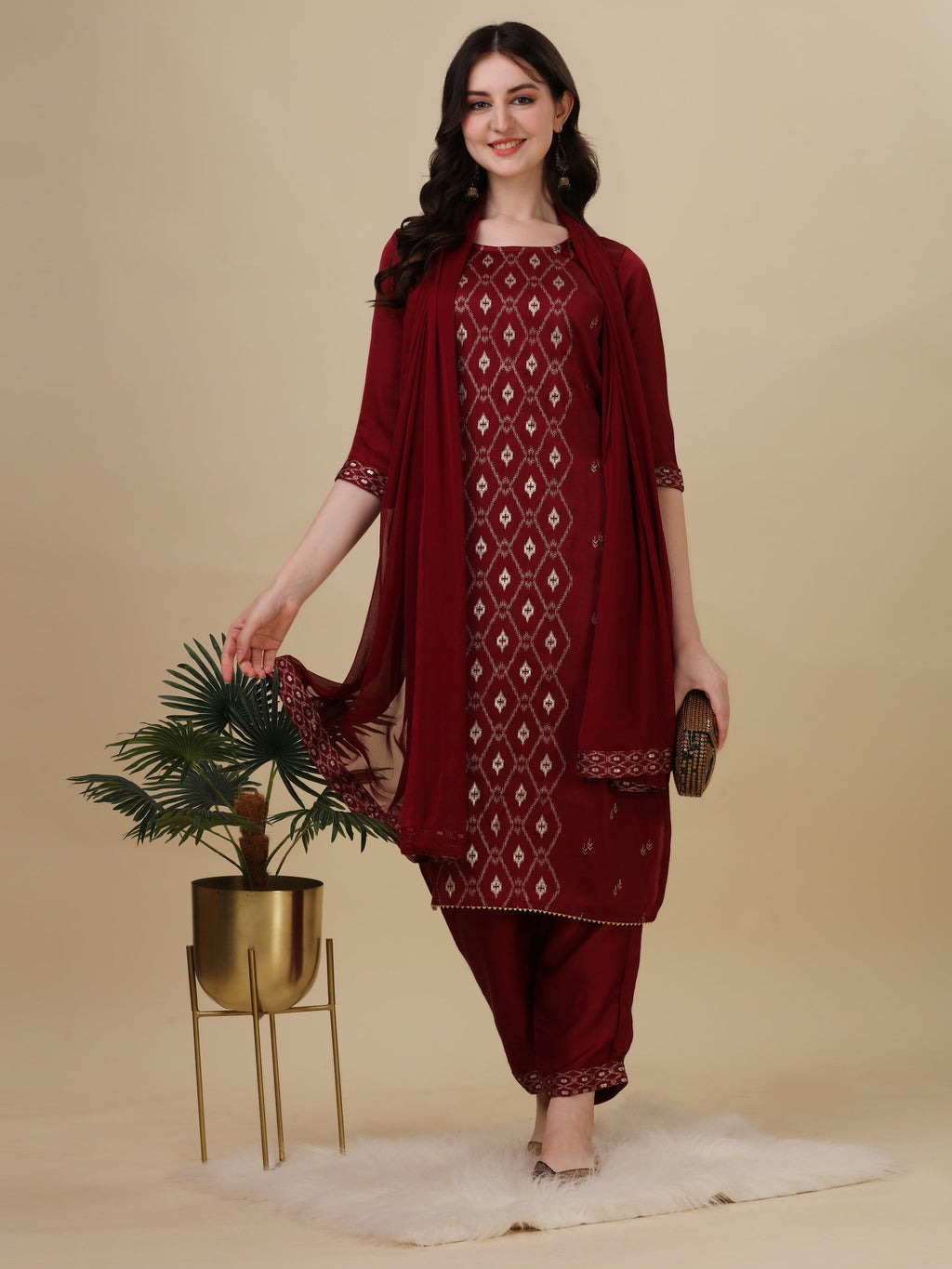 Multicolor Foil Printed Kurta Set with Pant and Dupatta