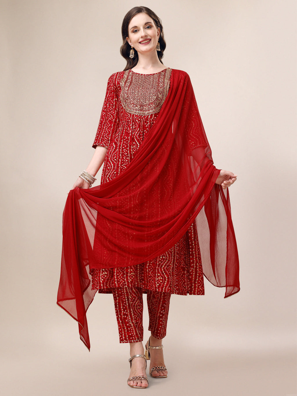 Multicolor Bandhani printed and embroidered rayon kurta set with matching pant and dupatta