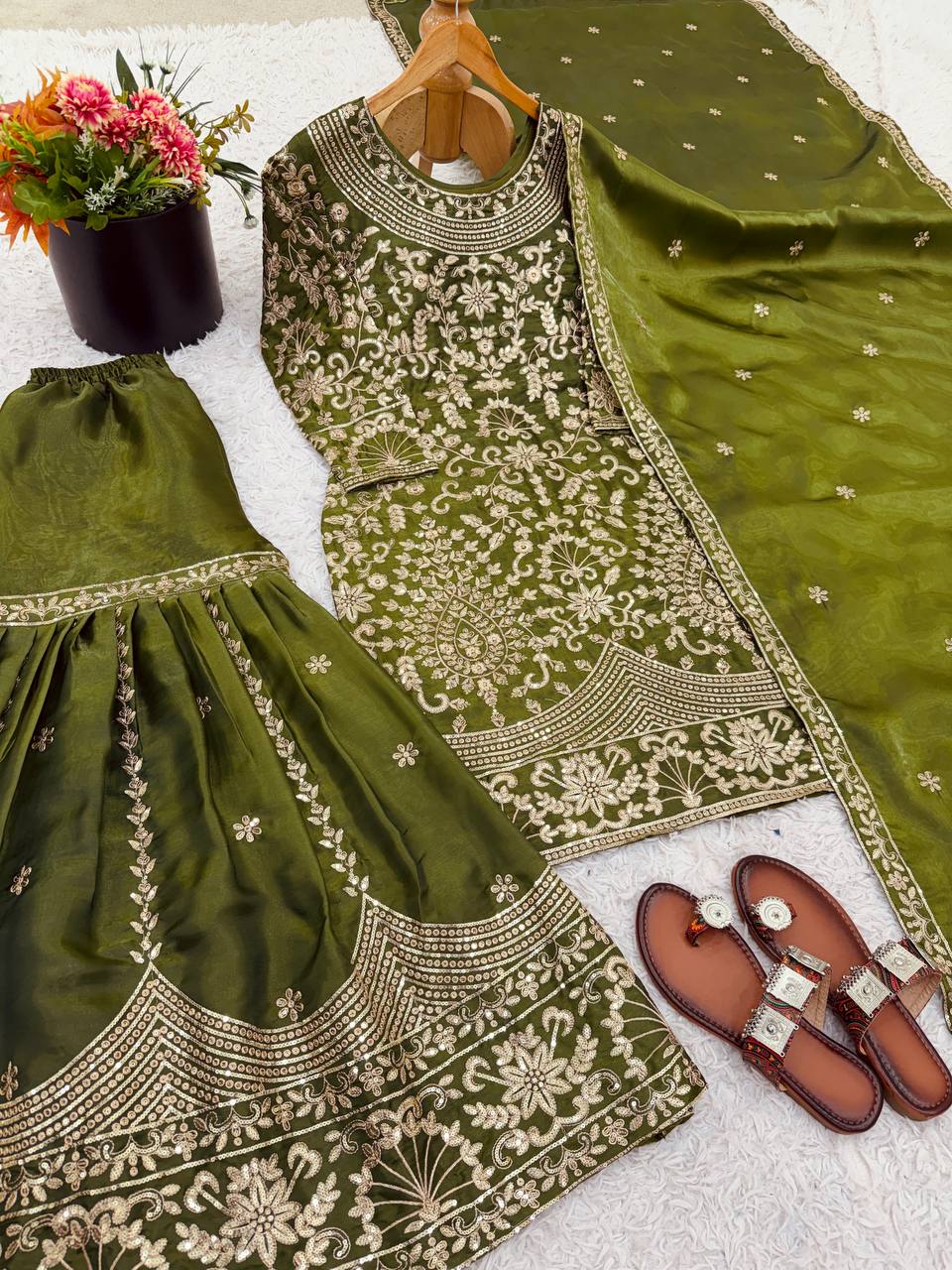 Prazu Fashion Mahendi Jimmy Silk Sequin Embroidered Sharara Suit