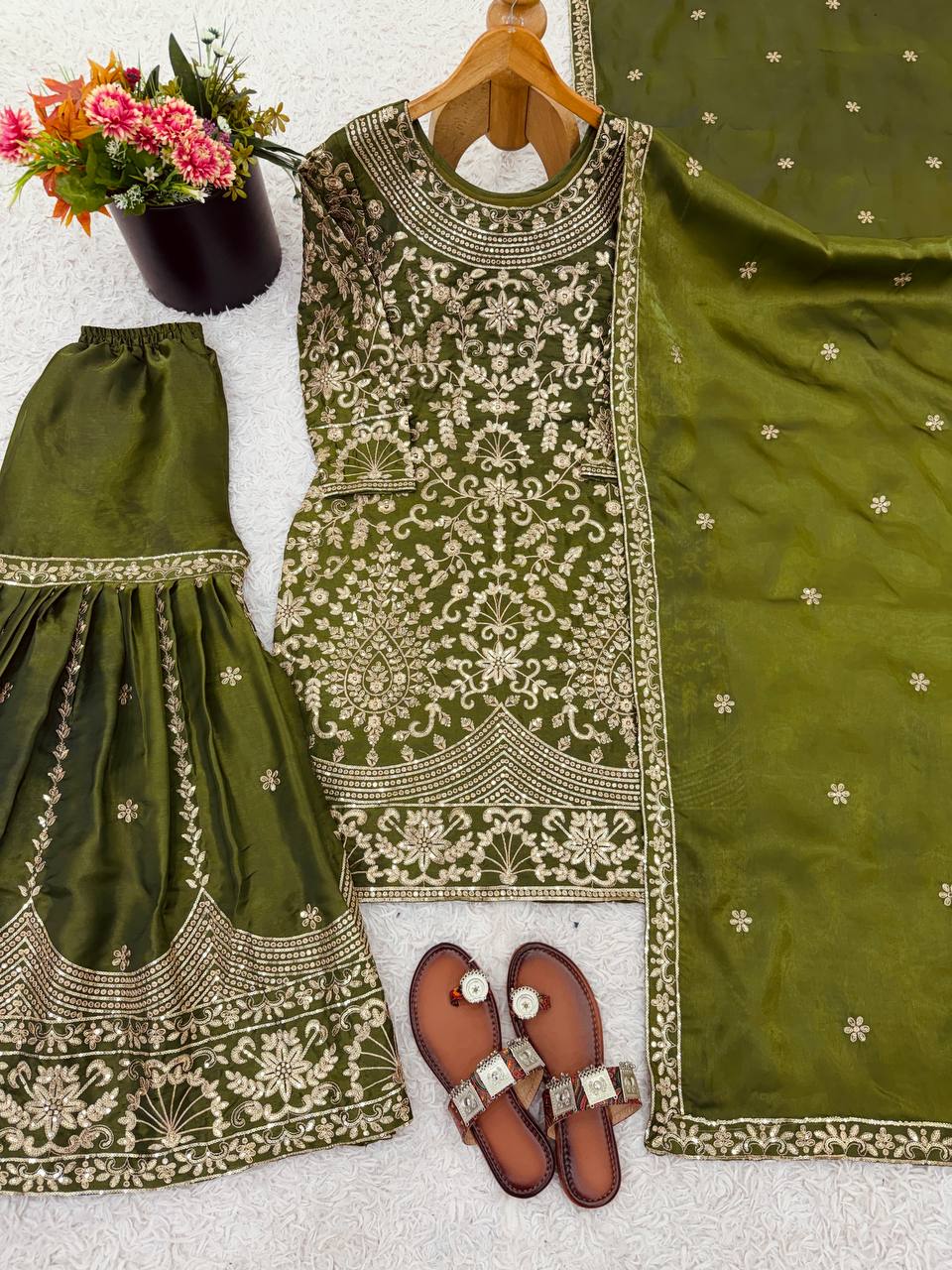 Prazu Fashion Mahendi Jimmy Silk Sequin Embroidered Sharara Suit