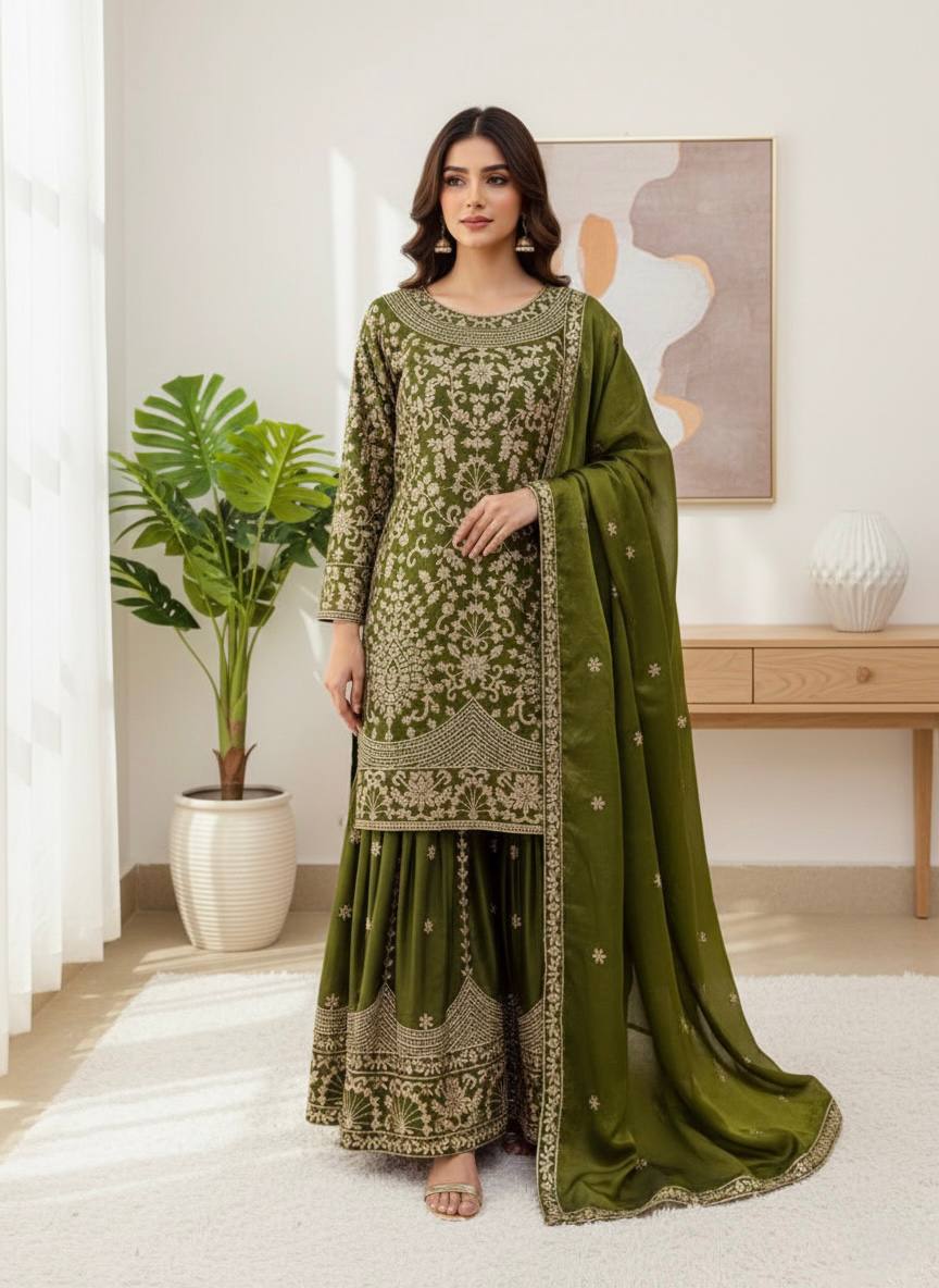 Prazu Fashion Mahendi Jimmy Silk Sequin Embroidered Sharara Suit