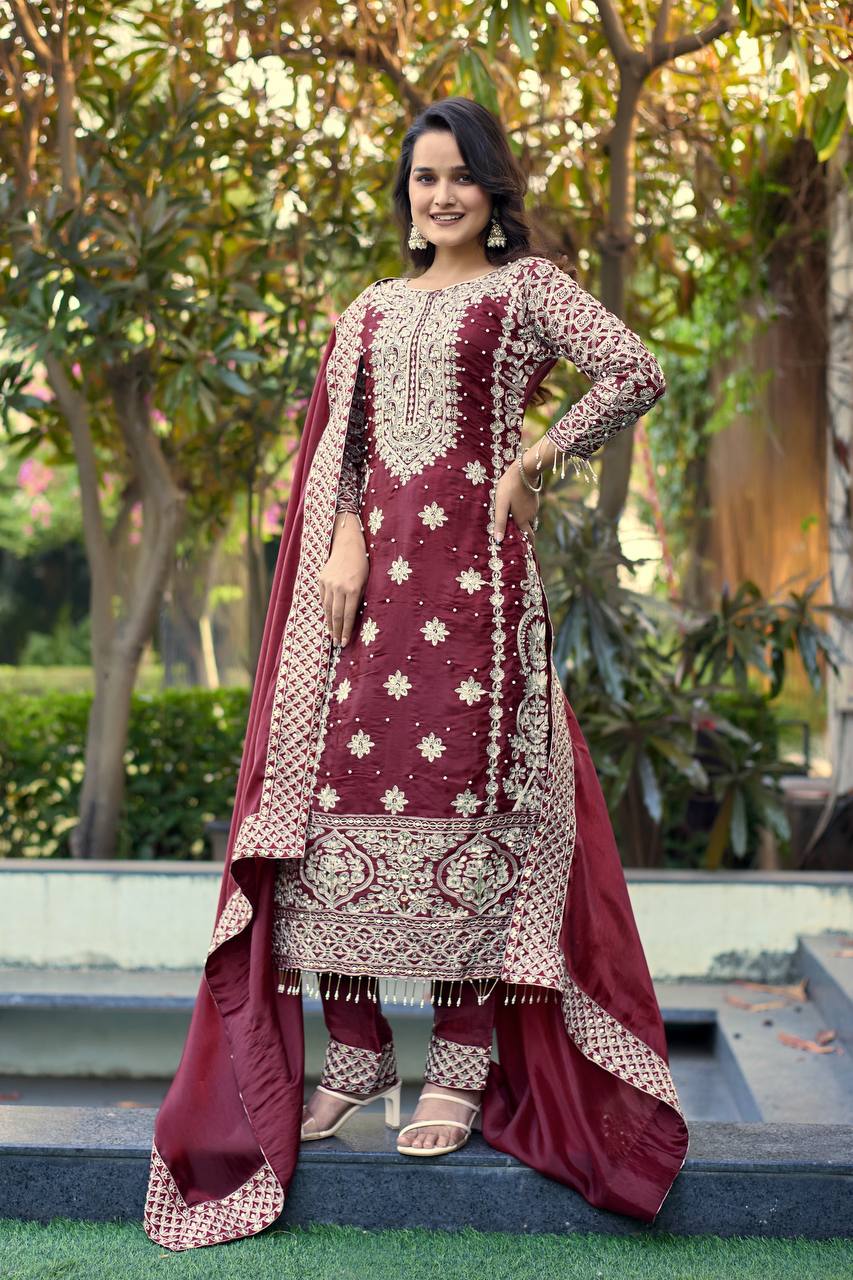Prazu Fashion Dark Maroon Jimmy Silk Sequin Embroidered Salwar Suit