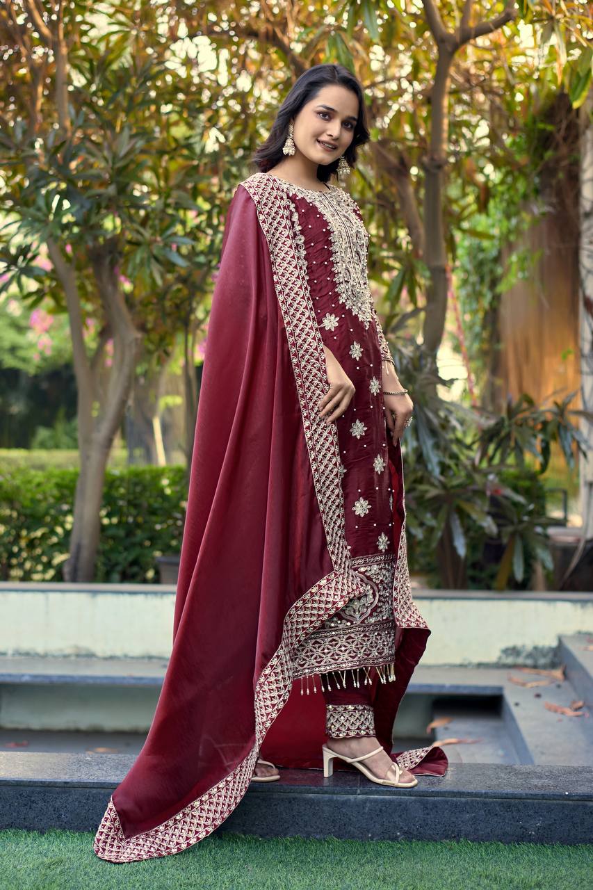 Prazu Fashion Dark Maroon Jimmy Silk Sequin Embroidered Salwar Suit