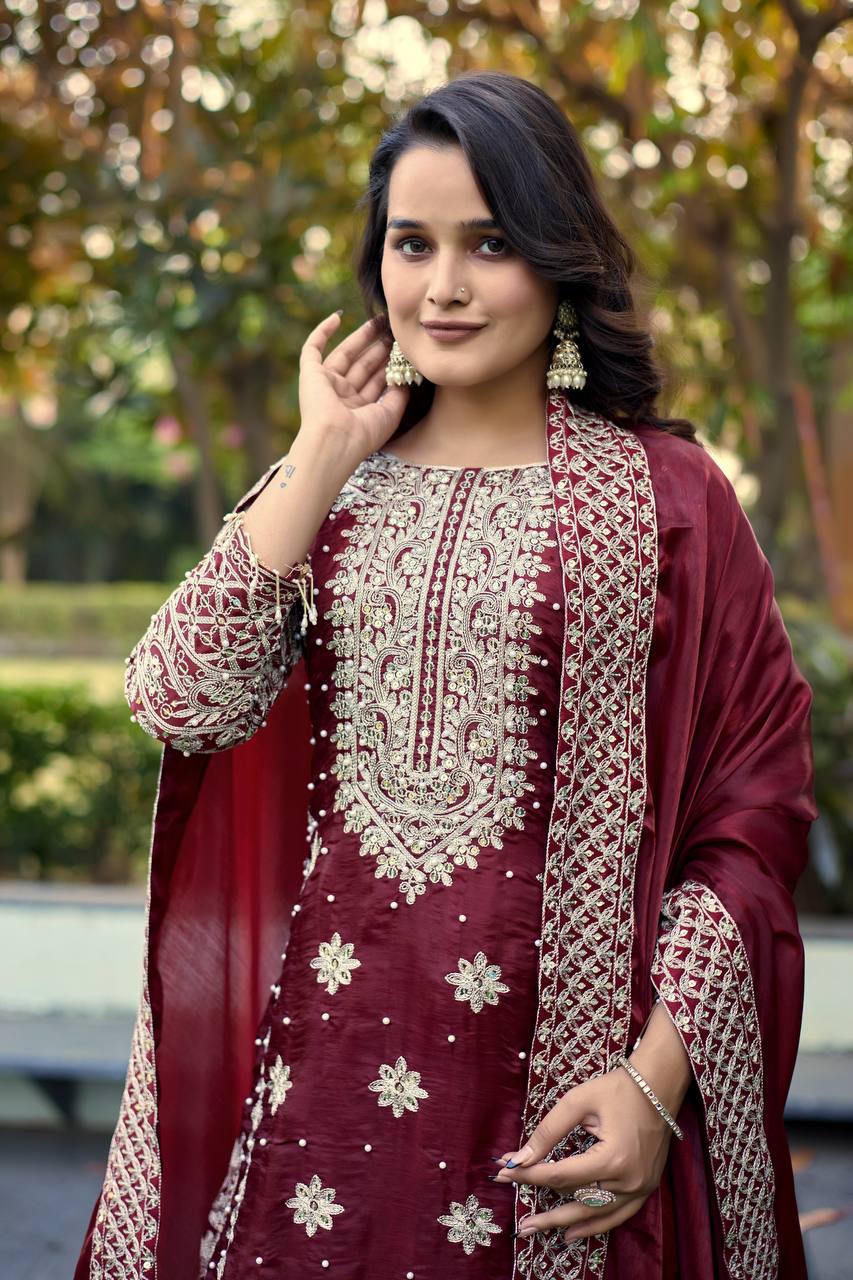Prazu Fashion Dark Maroon Jimmy Silk Sequin Embroidered Salwar Suit