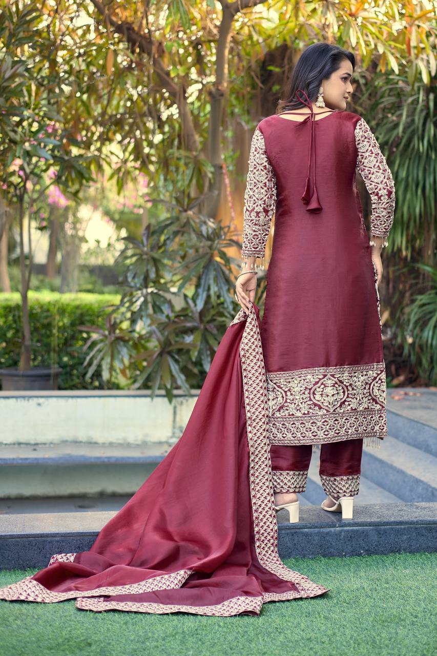 Prazu Fashion Dark Maroon Jimmy Silk Sequin Embroidered Salwar Suit