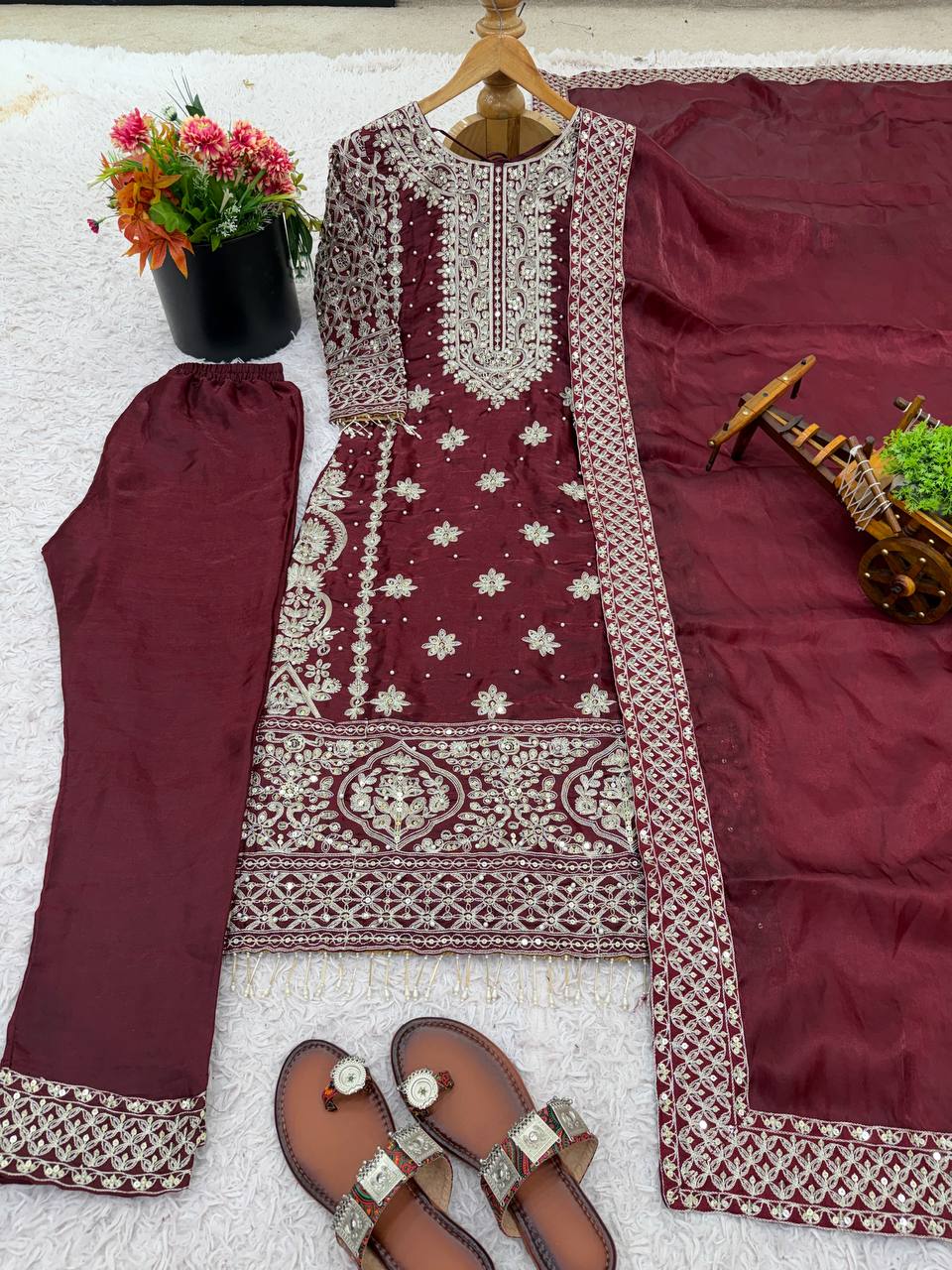 Prazu Fashion Dark Maroon Jimmy Silk Sequin Embroidered Salwar Suit