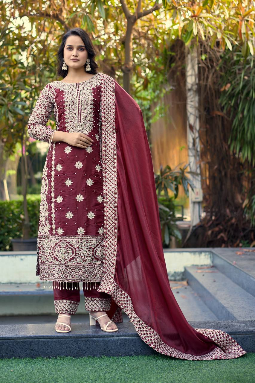 Prazu Fashion Dark Maroon Jimmy Silk Sequin Embroidered Salwar Suit