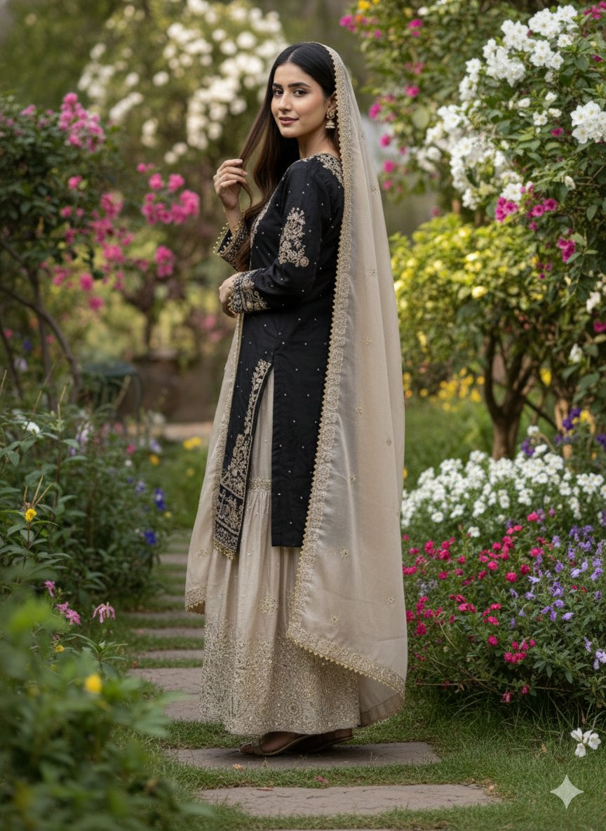 Prazu Fashion Black Jimmy Silk Embroidery Dori Sequence Palazzo Suit