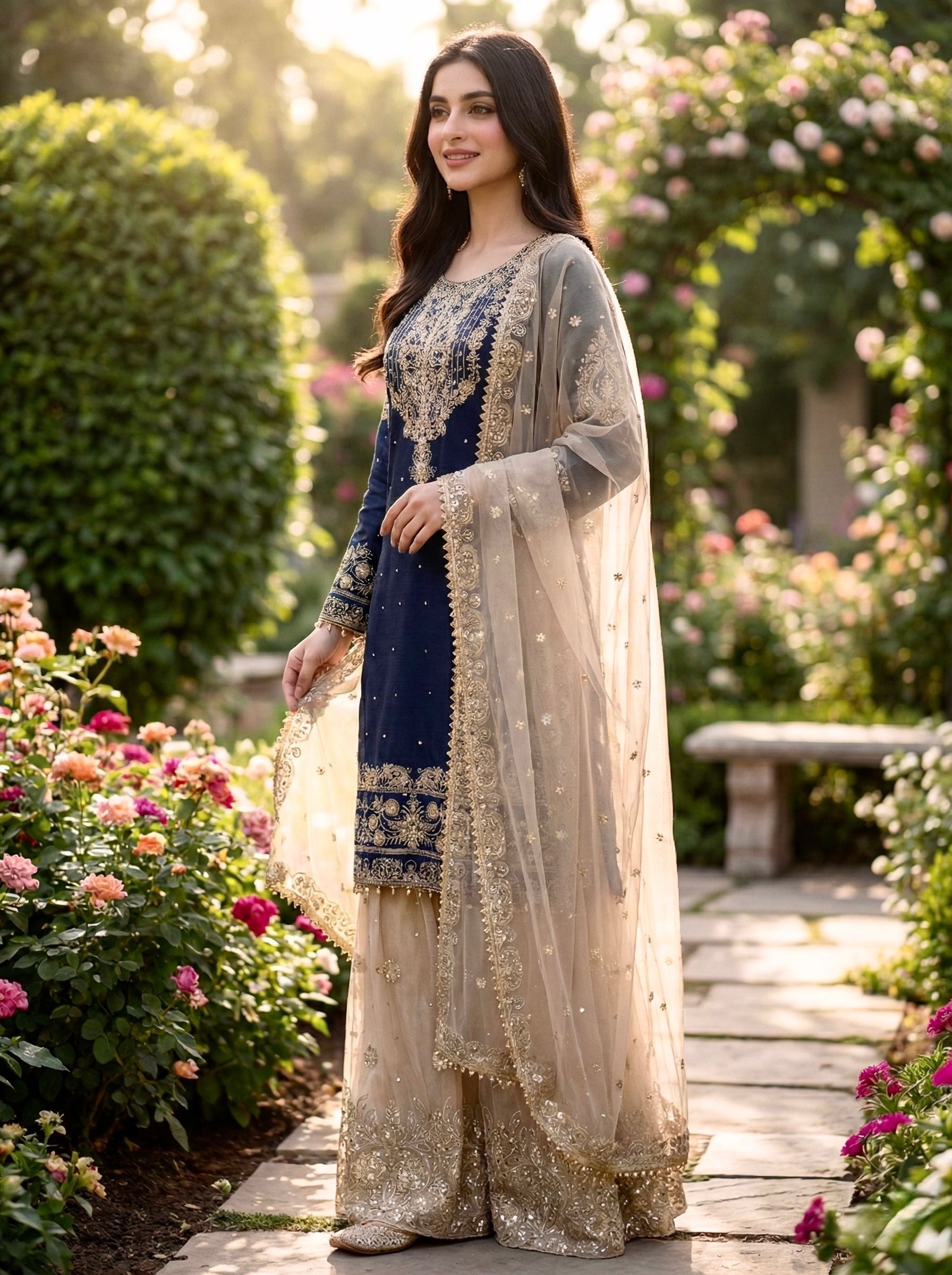Prazu Fashion Blue Jimmy Silk Embroidery Dori Sequence Palazzo Suit