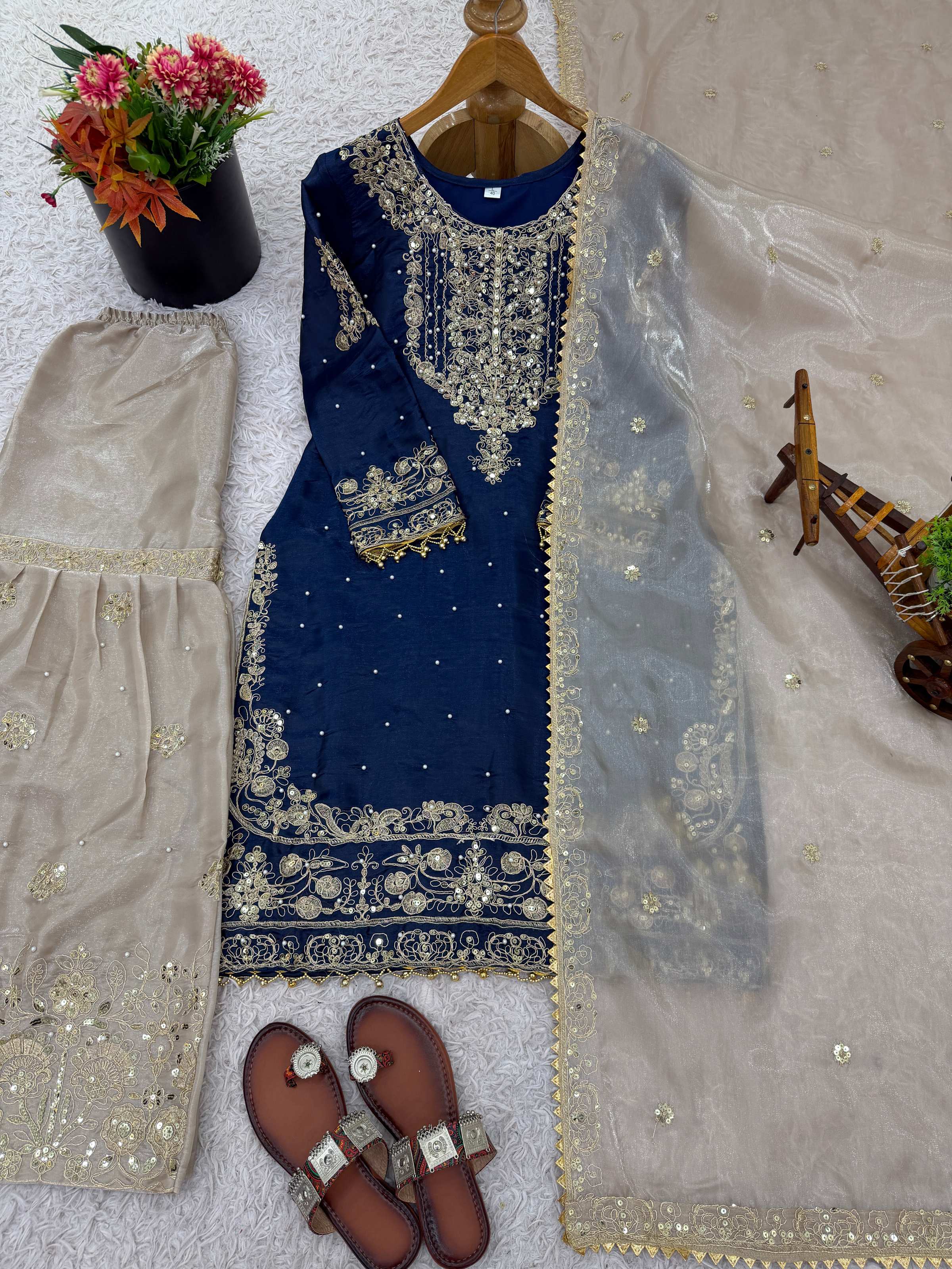 Prazu Fashion Blue Jimmy Silk Embroidery Dori Sequence Palazzo Suit