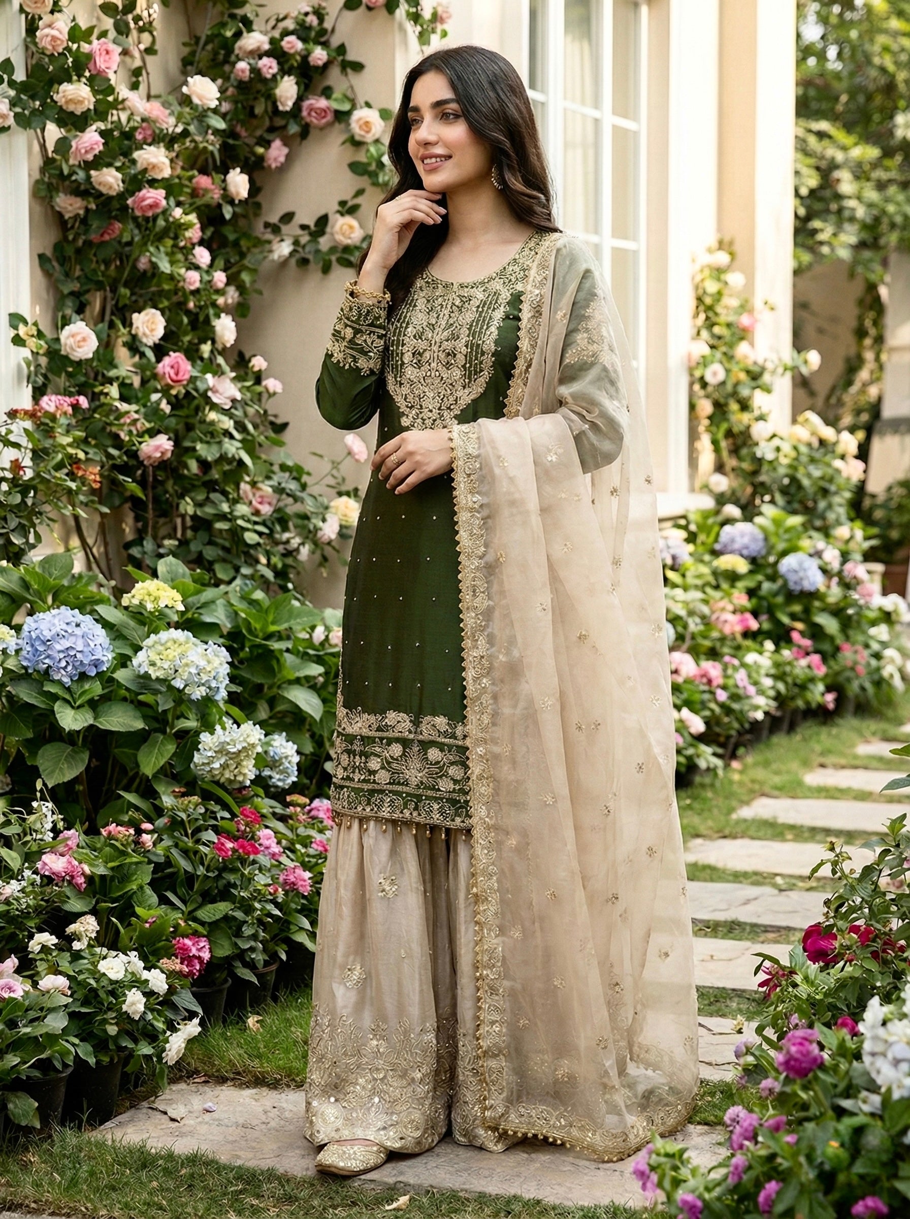 Prazu Fashion Green Jimmy Silk Embroidery Dori Sequence Palazzo Suit