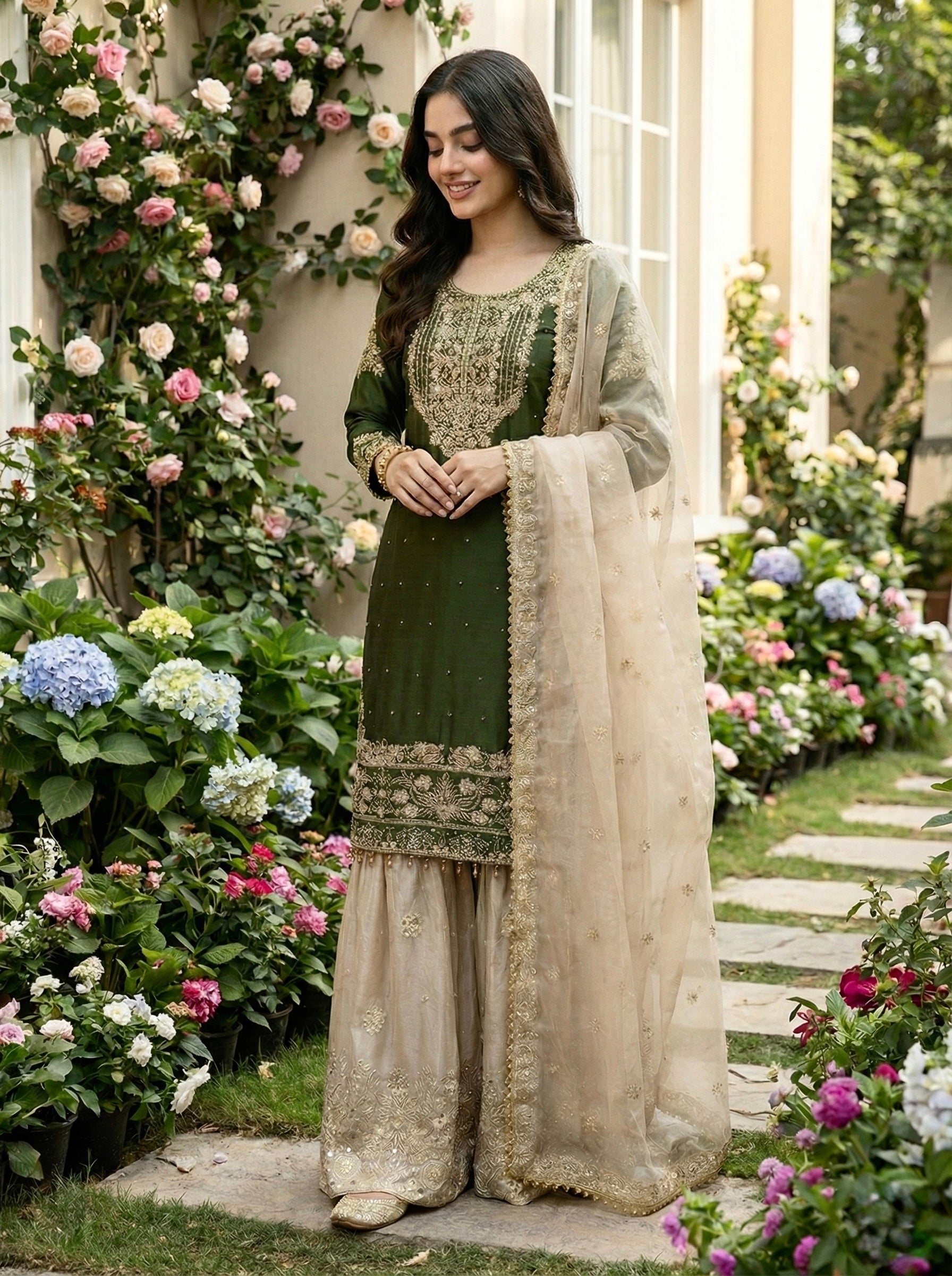 Prazu Fashion Green Jimmy Silk Embroidery Dori Sequence Palazzo Suit