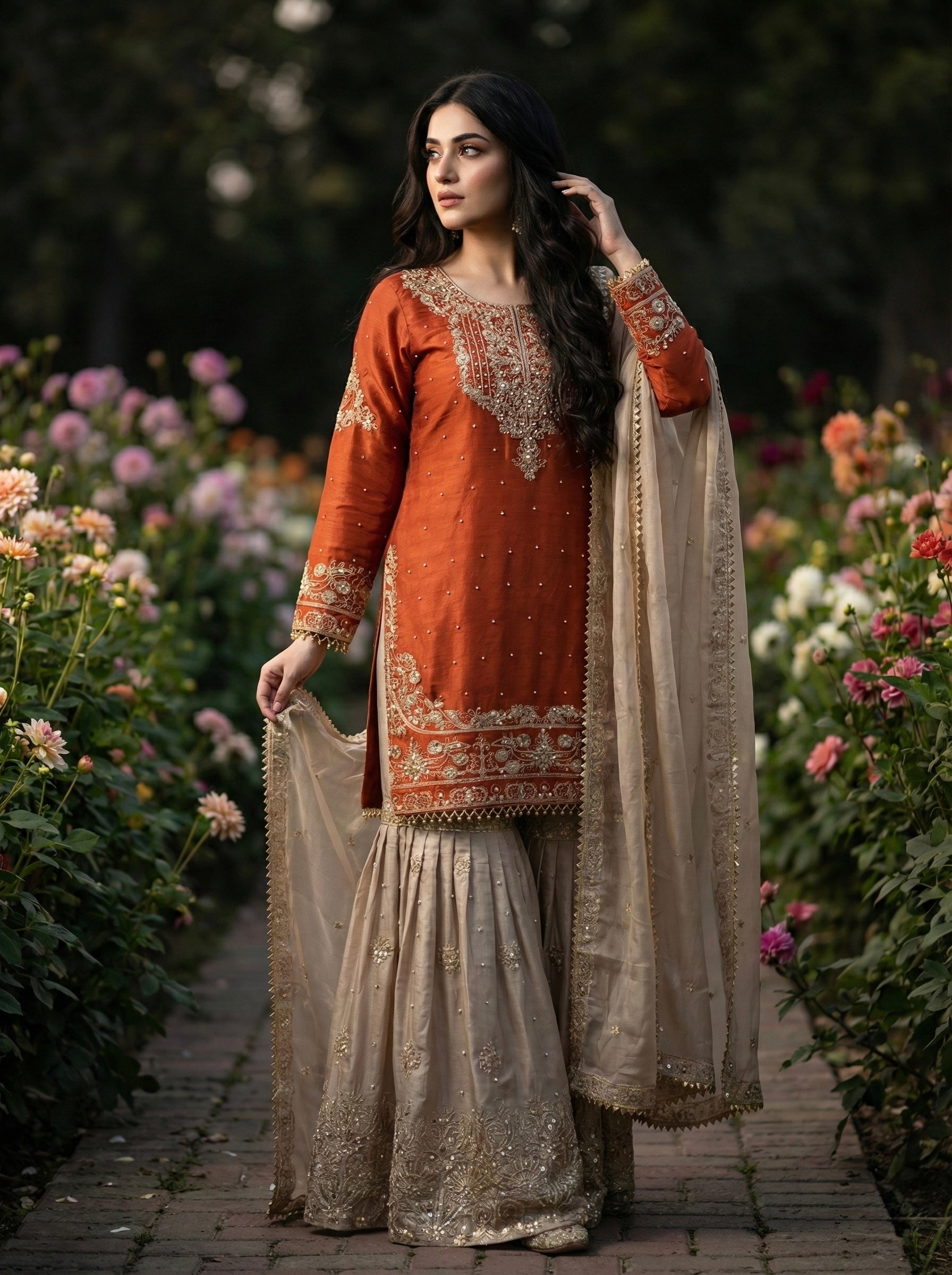 Prazu Fashion Orange Jimmy Silk Embroidery Dori Sequence Palazzo Suit