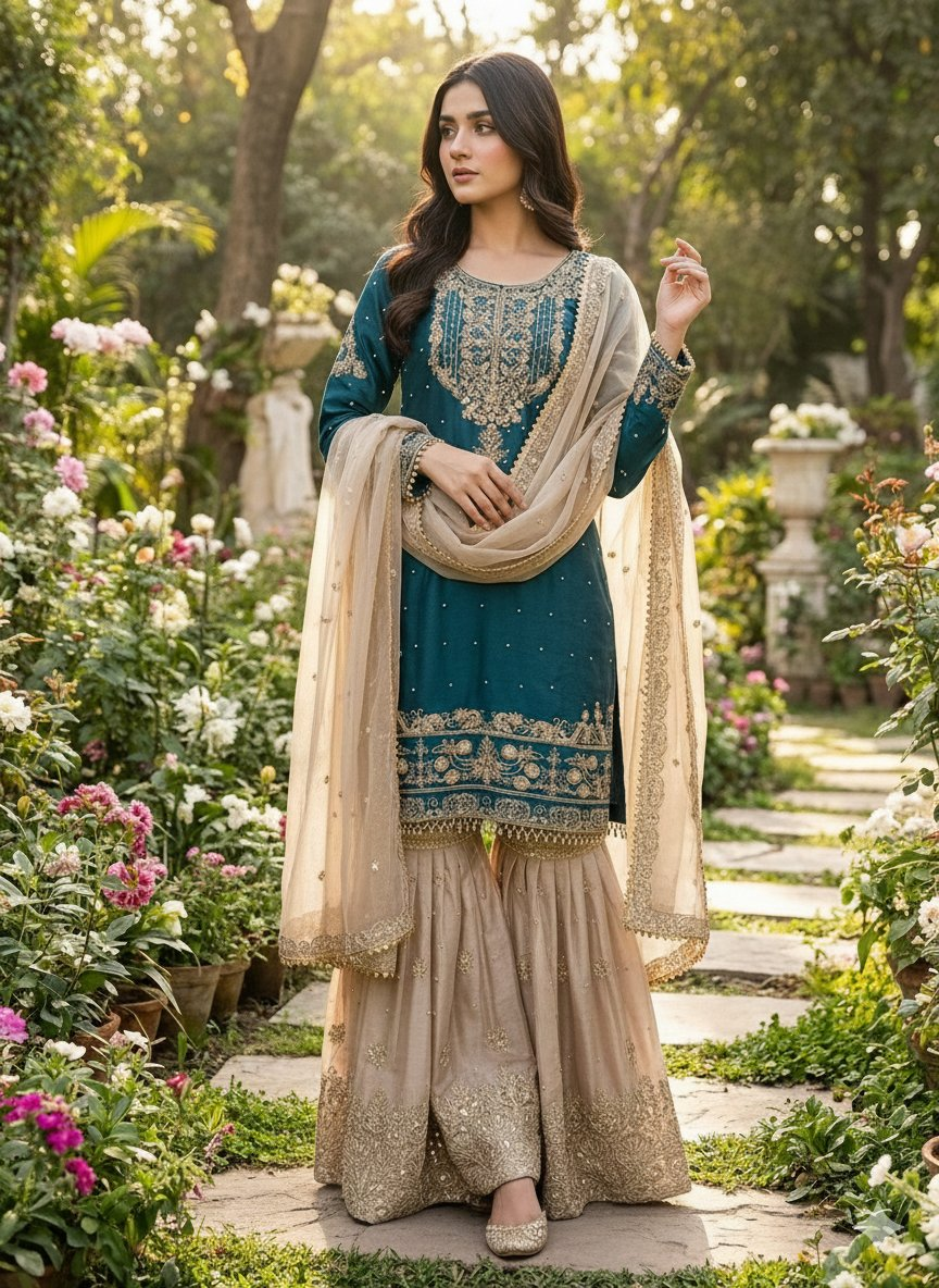Prazu Fashion Rama Jimmy Silk Embroidery Dori Sequence Palazzo Suit