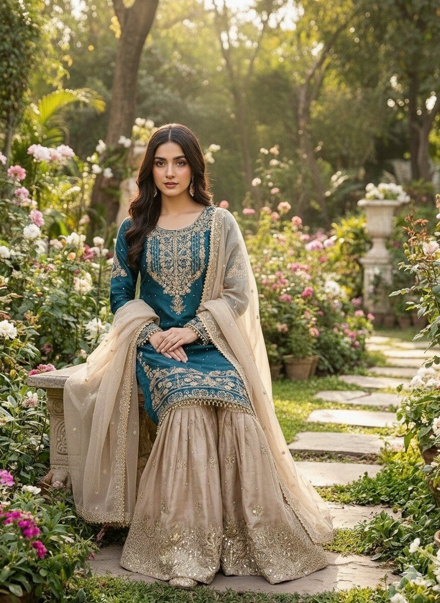 Prazu Fashion Rama Jimmy Silk Embroidery Dori Sequence Palazzo Suit