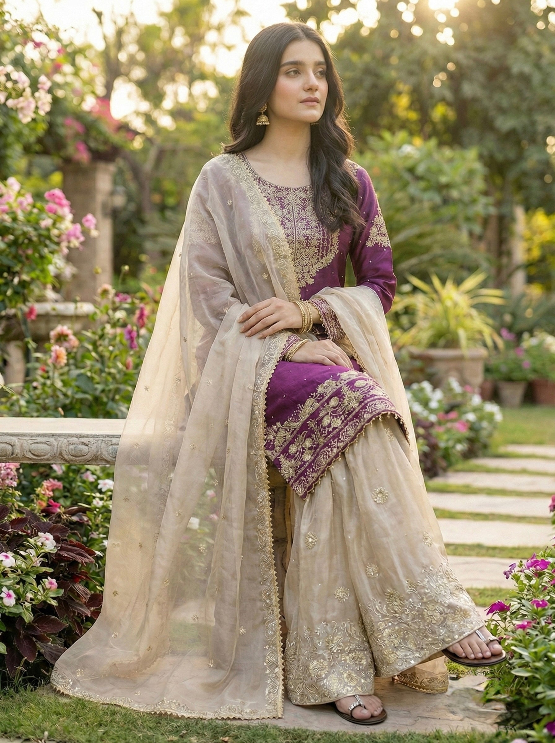 Prazu Fashion Wine Jimmy Silk Embroidery Dori Sequence Palazzo Suit