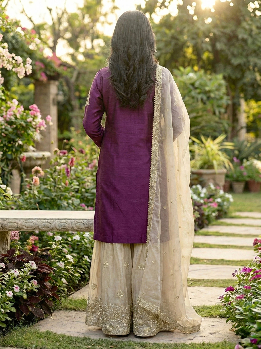 Prazu Fashion Wine Jimmy Silk Embroidery Dori Sequence Palazzo Suit