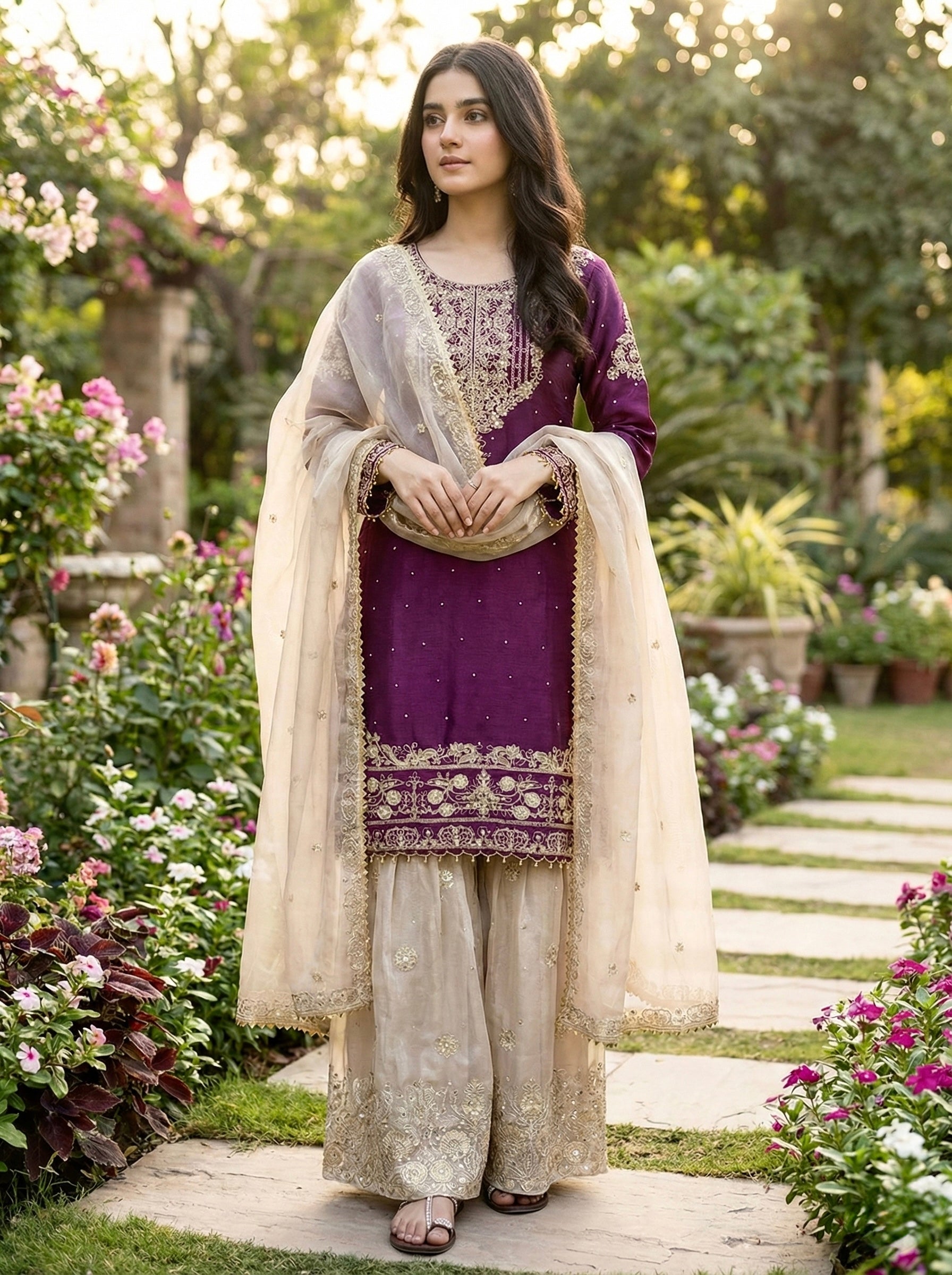 Prazu Fashion Wine Jimmy Silk Embroidery Dori Sequence Palazzo Suit